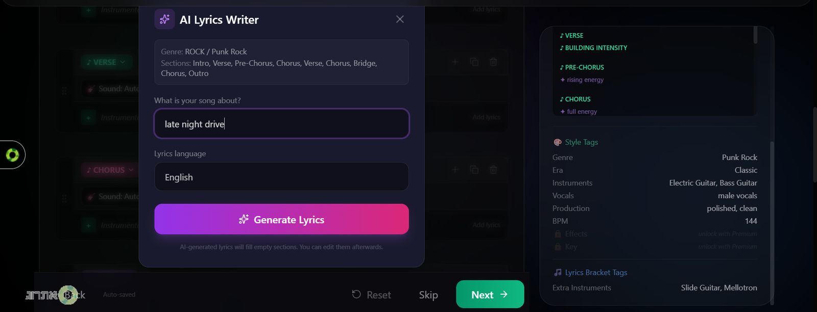 AI Lyrics Writer generating lyrics